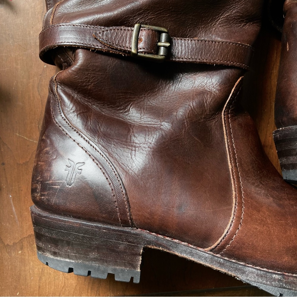 *Defect* Frye 9M Dorado Lug Riding Boots Brown w/ Rabbit Fur - Picture 4 of 15
